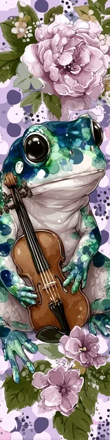 Free printable frog bookmark featuring little violin with green frog